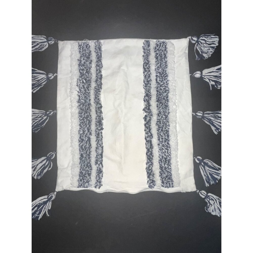 Cotton Pillow Cover Pom Tassels 16x18  White & Navy Stripes Zipper Boho Decor